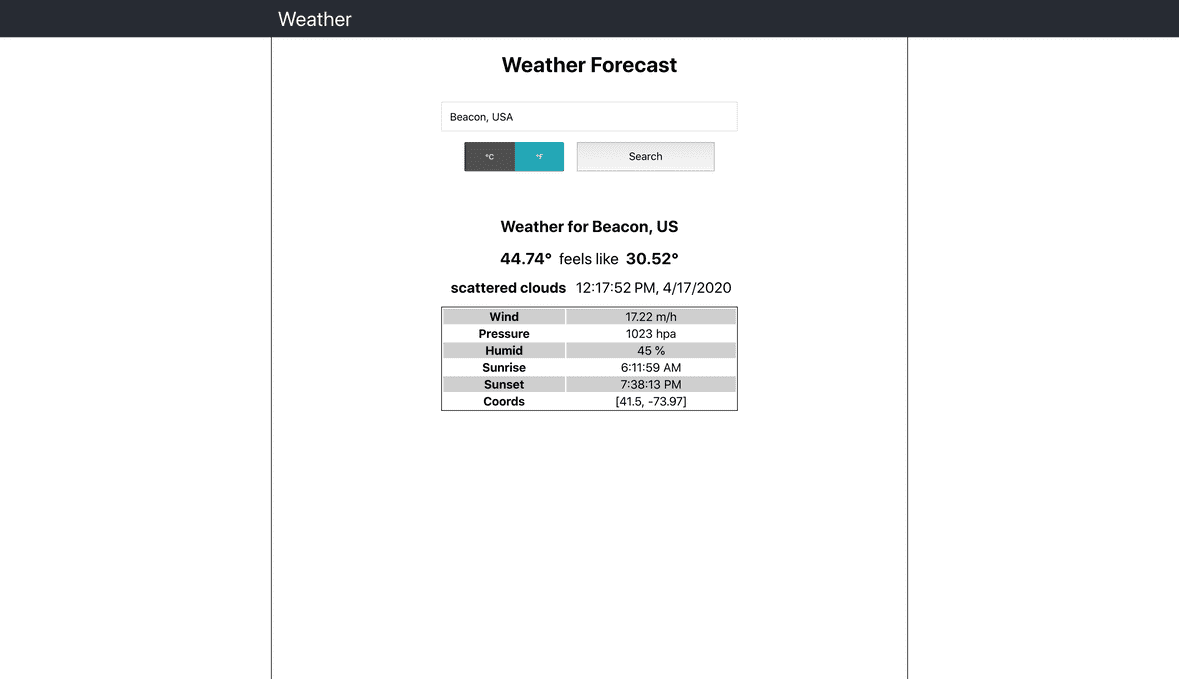 A photo of the OpenWeatherMap API app displaying the weather for Beacon, US.